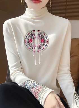 秋冬半高领德绒打底衫女复古民族风长袖中式T恤国风印花保暖上衣