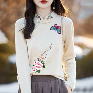 2024秋冬新款双面德绒女士刺绣印花宽松显瘦打底衫国风中式立领