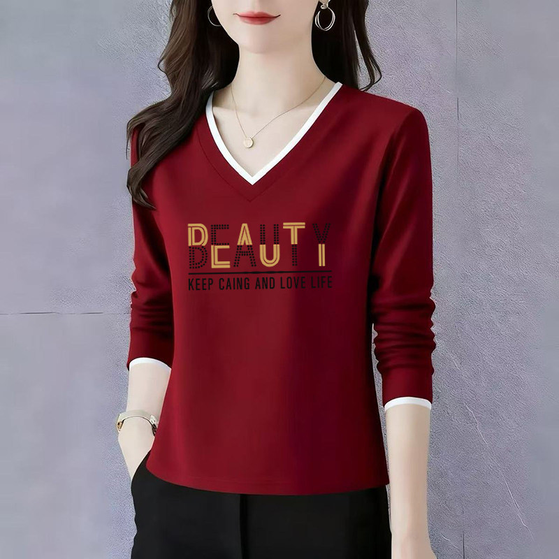 纯棉长袖t恤女士V领打底衫初秋2025新款高端洋气正肩宽松休闲上衣