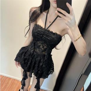 2025夏季新纯欲望吊带颈肩带不规则管上衣苗条合身蕾丝衬衫上衣妇