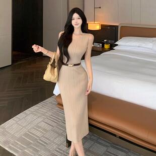 针织包臀连衣裙修身气质裙子御姐独特绝美无袖背心显身材开叉长裙