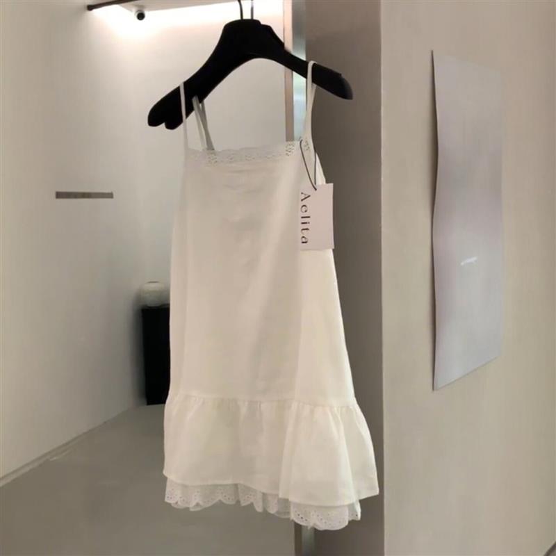 甜美双层蕾丝边棉麻吊带裙背心女夏季中长款蓬蓬裙摆外穿无袖上衣