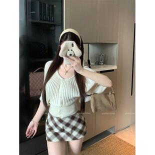 温柔风杏色短袖坑条针织衫女夏季收腰显瘦蝙蝠袖开衫气质短款上衣