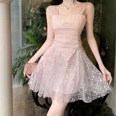 纯欲风性感仙女裙超仙气质名媛裙子小心机高腰吊带亮片礼服连衣裙