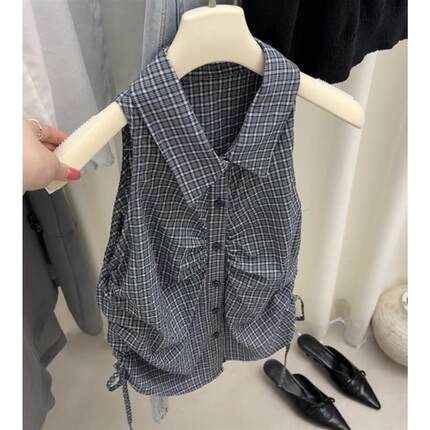 韩系POLO领格纹纽扣无袖衬衫女夏季新款抽褶收腰显瘦设计感小上衣