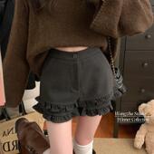 覆古灰色荷叶边毛呢休闲短裤 子百搭a字热裤 女秋季 高腰显瘦包臀裤