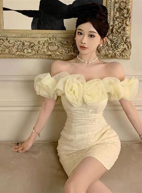 港风晚礼服2025夏季新款法式气质修身一字领花朵不规则连衣裙女装
