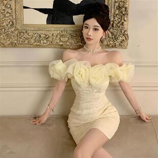 港风晚礼服2025夏季新款法式气质修身一字领花朵不规则连衣裙女装