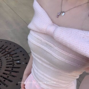 BABYblue【春日蝴蝶结】纯欲气质露肩修身针织显瘦抹胸一字肩上衣