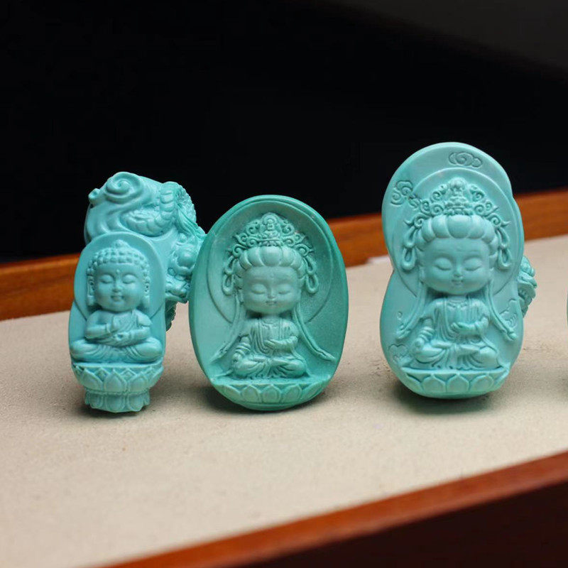 原矿天然绿松石 苏工雕刻宝宝佛雕件果冻料金艺作品项坠吊坠饰品