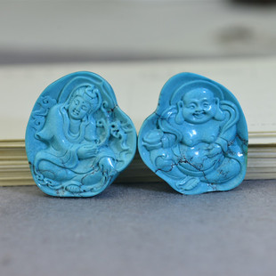 湖北原矿天然绿松石 无优化情侣吊坠59g 苏工雕刻观音弥勒佛一对