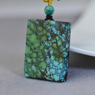 原矿天然绿松石网花乌兰花平安无事牌文玩方牌吊坠项坠复古风配饰