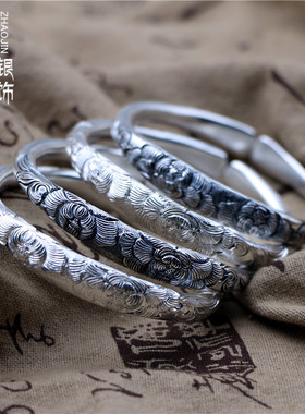 小蛮腰银手镯银足银999牡丹镯子实心手环送女朋友闺蜜生日礼物镯