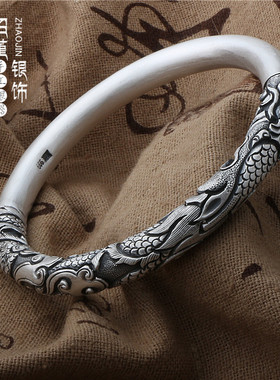 龙纹雪花足银手镯复古文艺