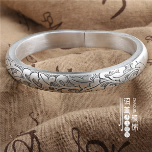 银手镯女999银男 云南手工银饰实心马蹄形足银镯子泥鳅背马蹄形镯