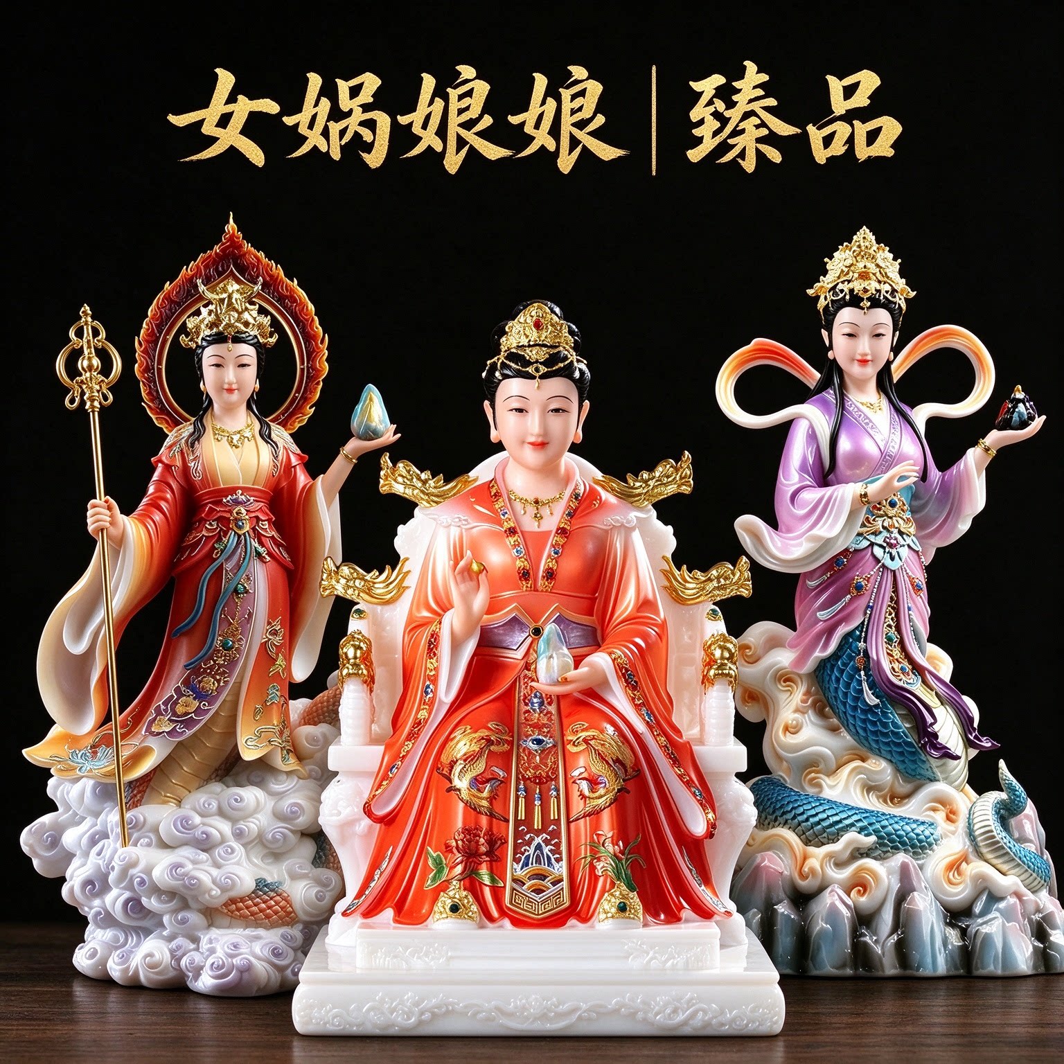 臻品整块汉白玉女娲娘娘神像家用供奉铜像大地之圣母佛像客厅摆件