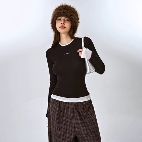 天丝羊毛撞色假两件打底衫女长袖