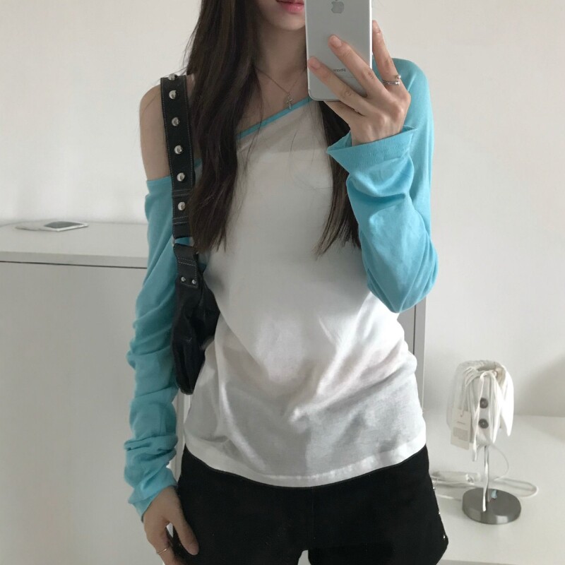 宽松瑜伽服长袖女t恤 微透健身跑步露肩撞色运动上衣透气时尚新款