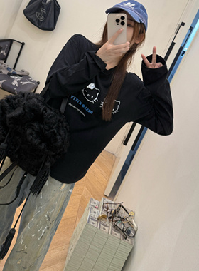 ZZING虾 2026年春季新款卡通猫咪印花长袖打底T恤上衣女宽松