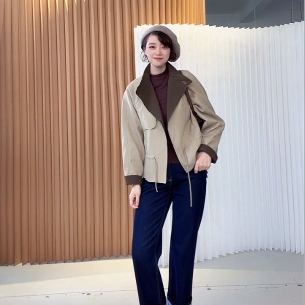 U.M】利落撞色拼接翻领风衣女风衣
