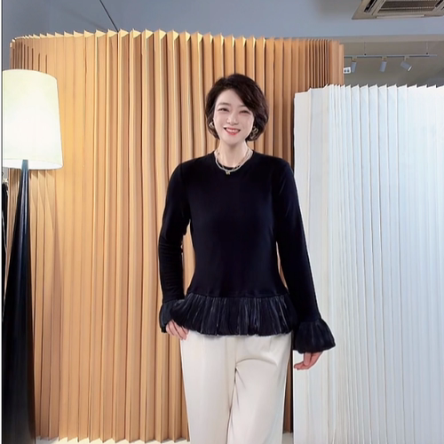 【U.M】气质圆领修身拼接荷叶边上衣女 缎面百褶喇叭袖长袖打底衫