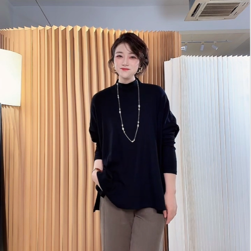 U.M】简约慵懒风半高领蝙蝠袖上衣T恤女 宽松阔版垂感百搭打底衫