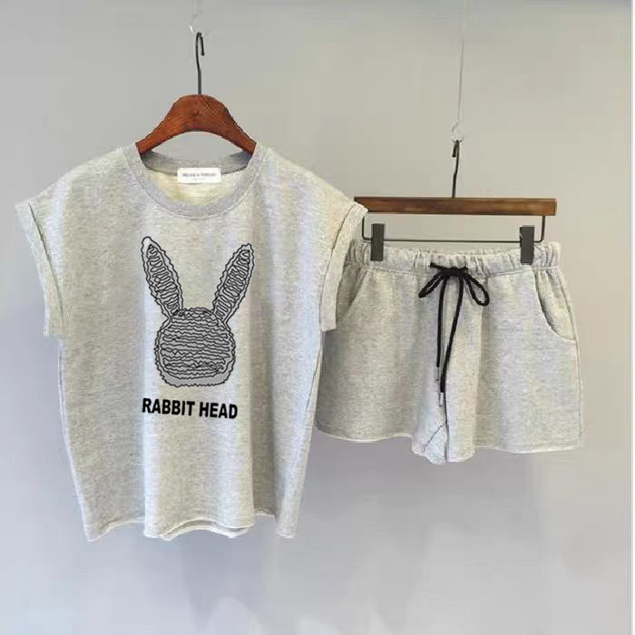 大码休闲时尚运动套装夏季新款兔子头图案无袖上衣短裤爆款两件套