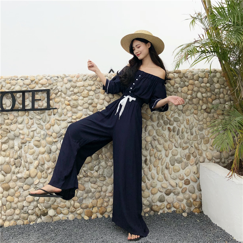 連體褲女夏2018新款連衣褲女高腰顯瘦小心機一字肩闊腿褲休閑褲