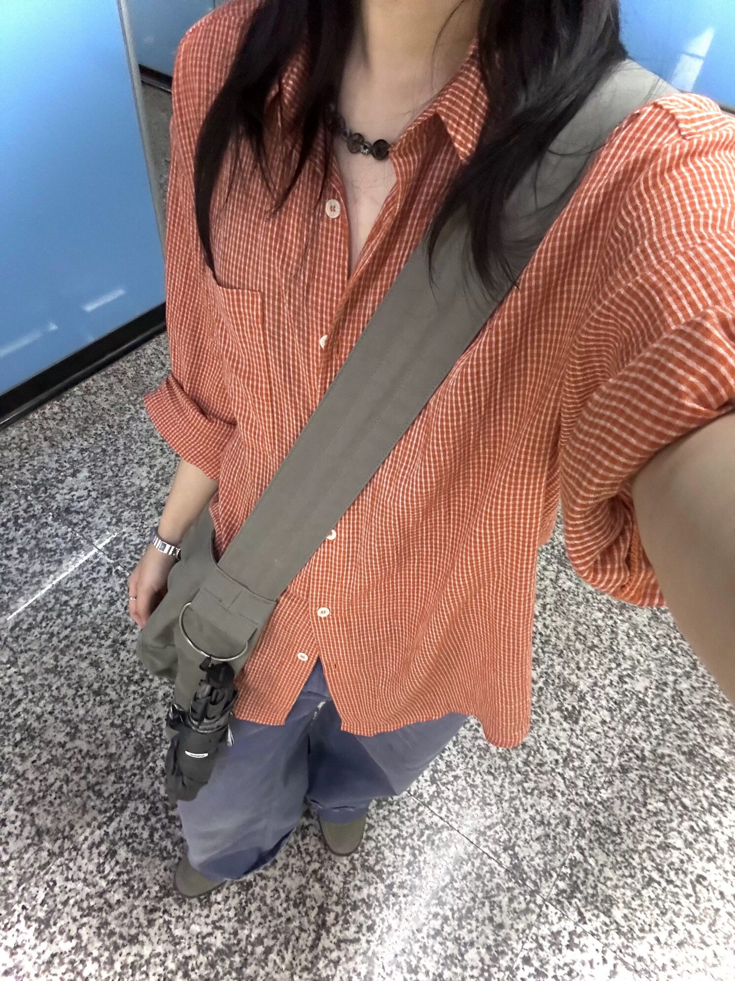 2026夏季空调衫橘色格子衬衫衬衫