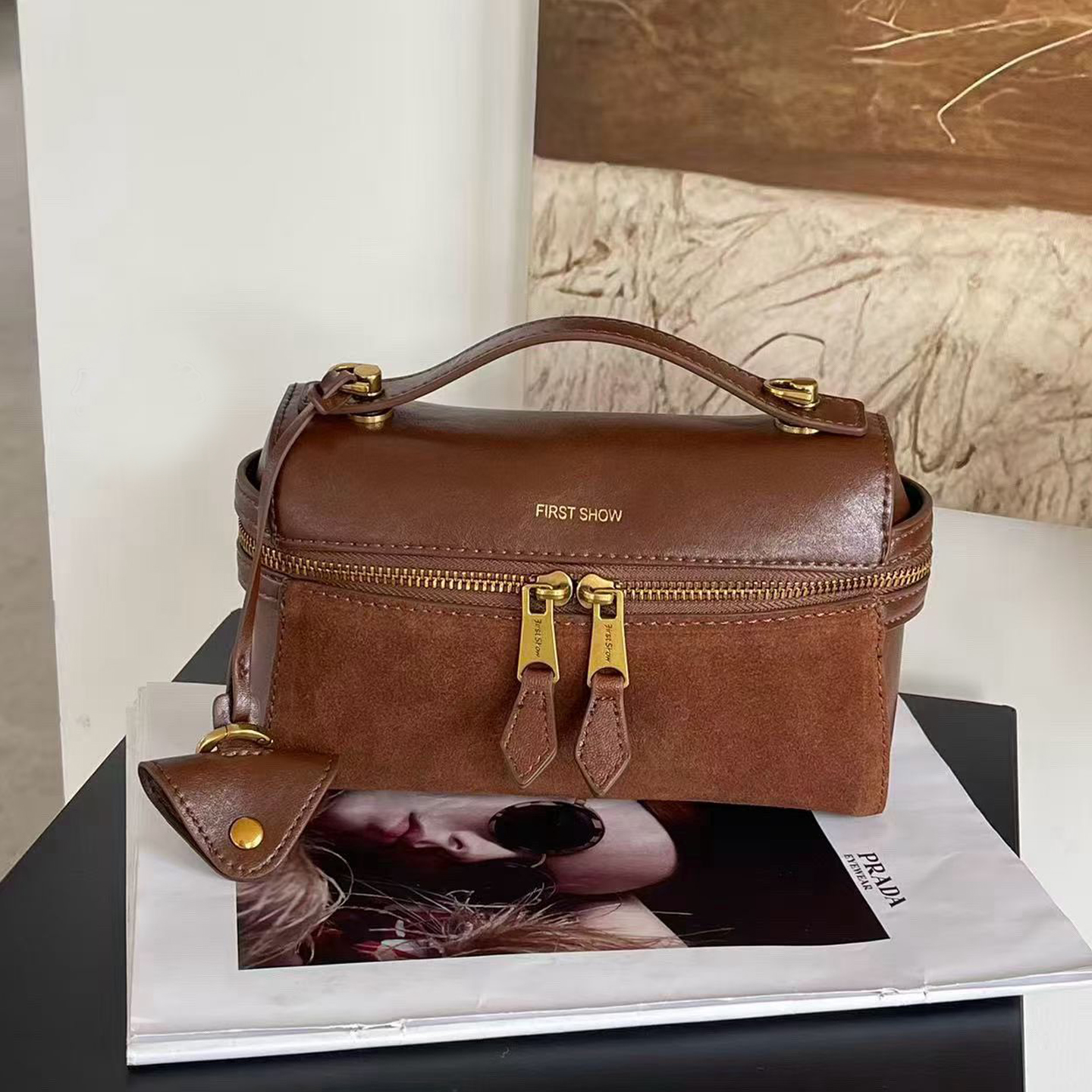 韩版小众ins迷你磨砂牛皮手拎盒子小包包2025新款单肩化妆口红包