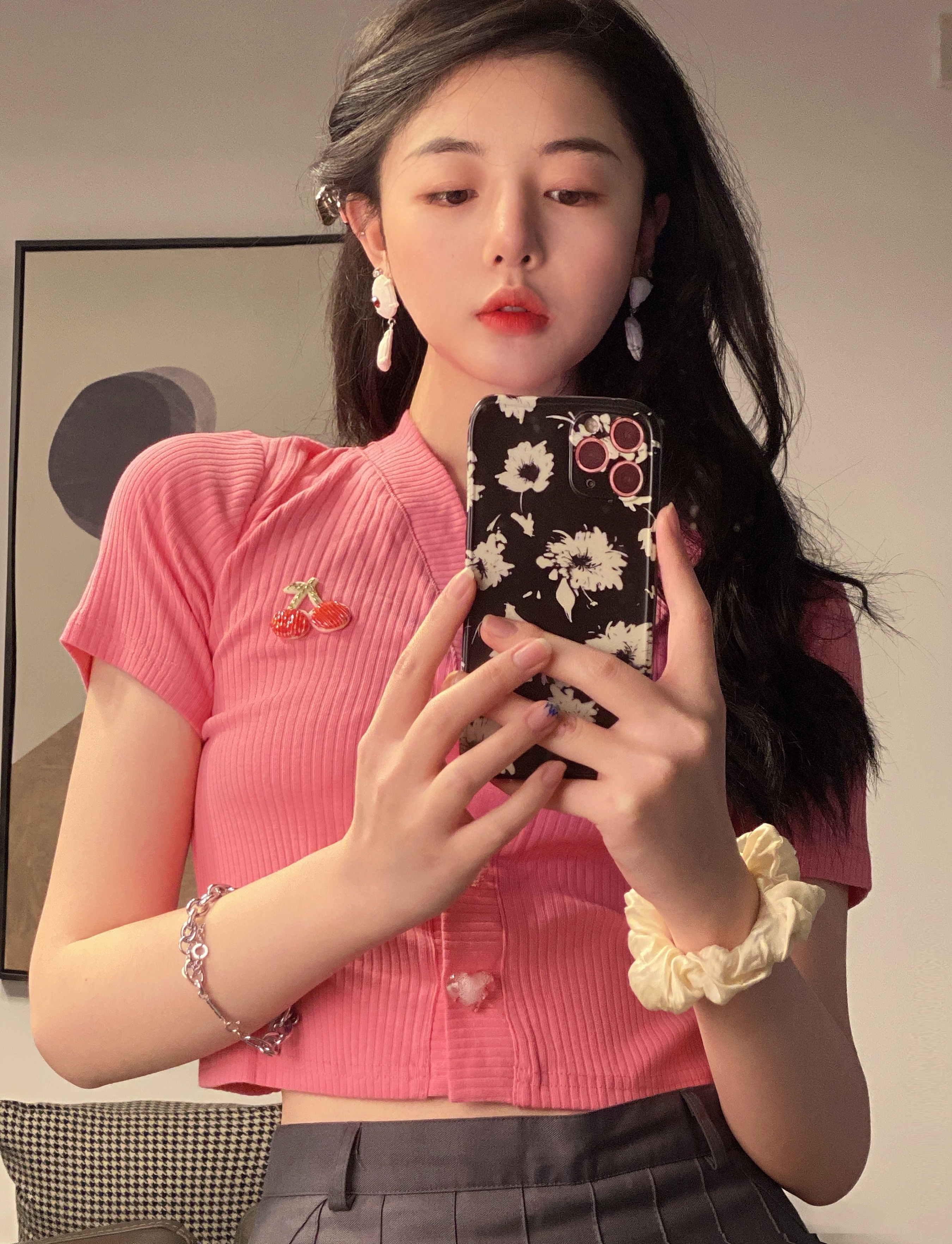 Real shot of first love cherry sweet candy love button slim short sleeve T-shirt