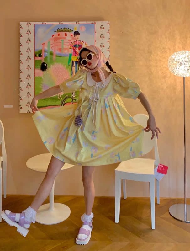 Real video monitoring magic girl color fairy tale color matching xiannen doll Yuan Bao collar loose dress