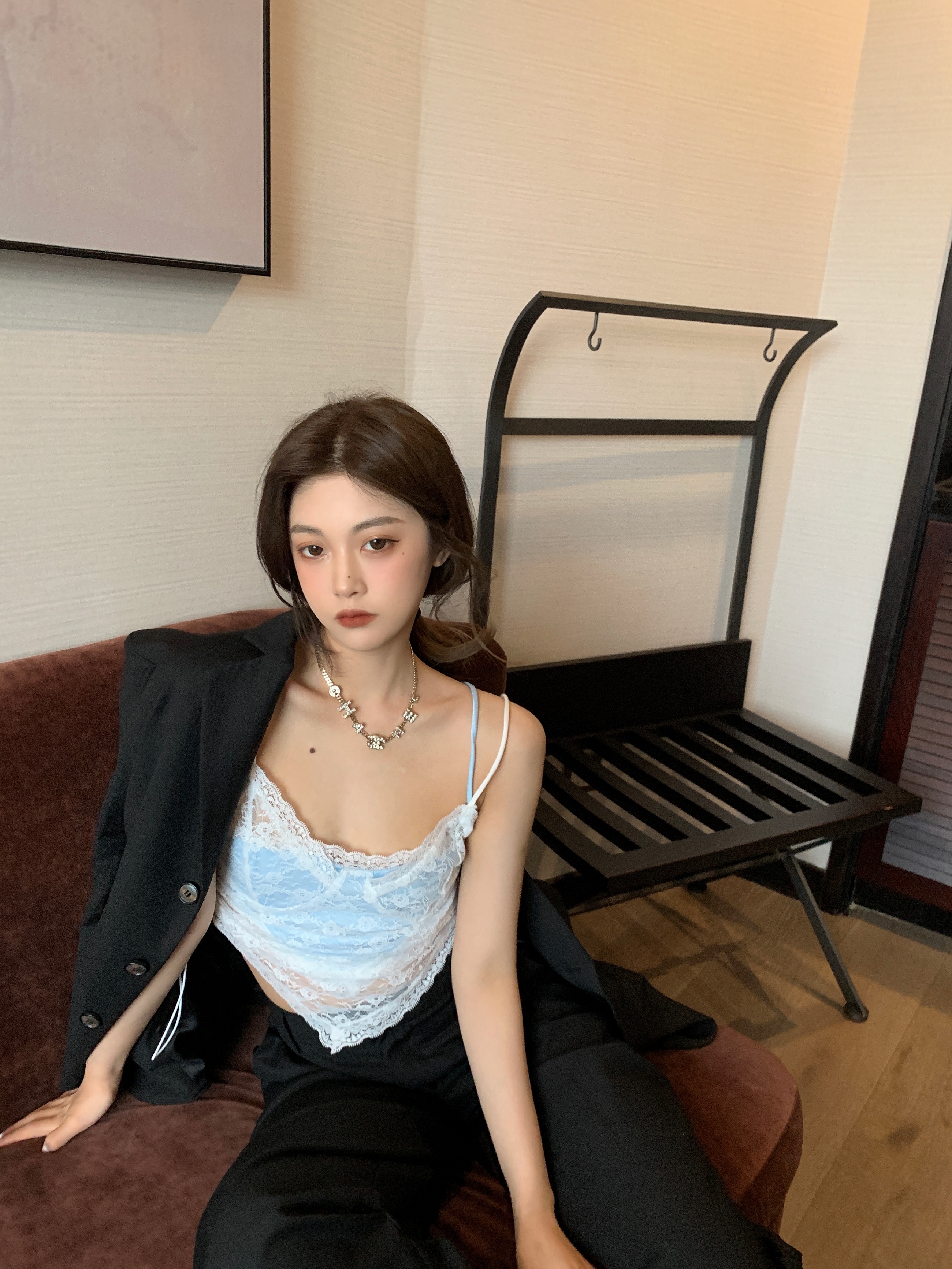 Real video monitoring: spice girls wear Juezi b-piece V-neck drawstring sweet lace asymmetric sling