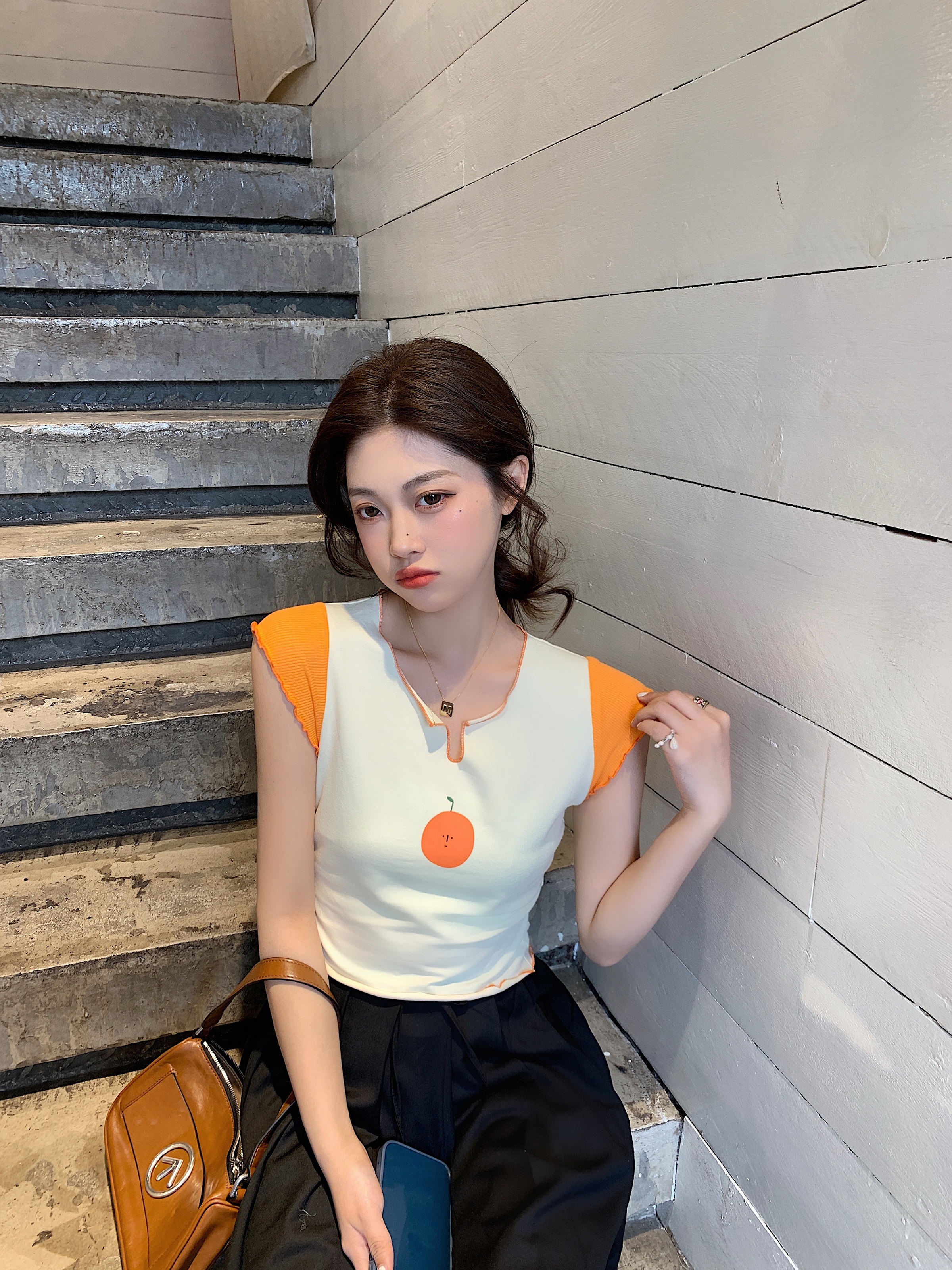 Real cute little orange sauce pie ~ color contrast fresh slim short versatile T-shirt