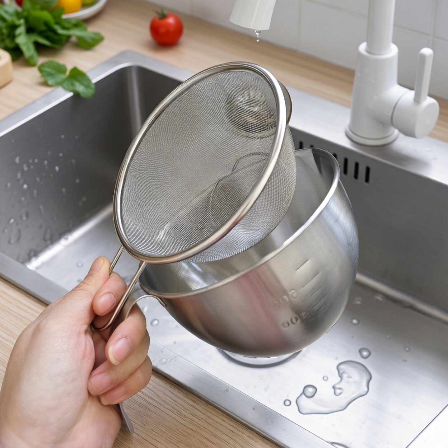 304不锈钢刻度打蛋碗料理碗带滤网带手柄量杯搅拌碗料理杯淘米盆