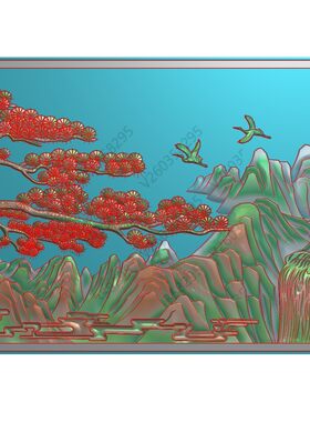 松鹤山水精雕图 迎客松灰度图 横屏 挂扁挂屏 玄关壁画雕刻图 JDP