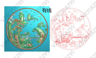 山水圆形松树精雕图 中式 灰度图 博古屏风镂空隔断通花雕刻图 J