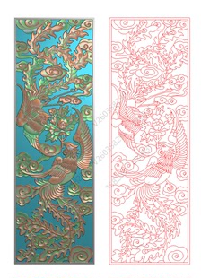 双凤门板精雕图 灰度图龙凤 门花铜铝雕镂空 屏风 雕刻图 JDP5.21