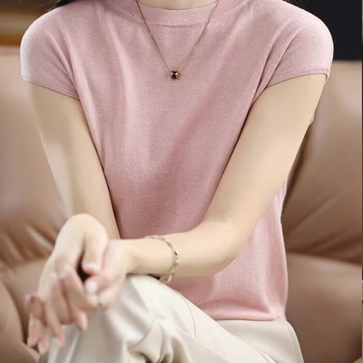 2025新款短袖针织衫女桑蚕丝真丝冰丝洋气夏季Tt恤圆领套头上衣薄