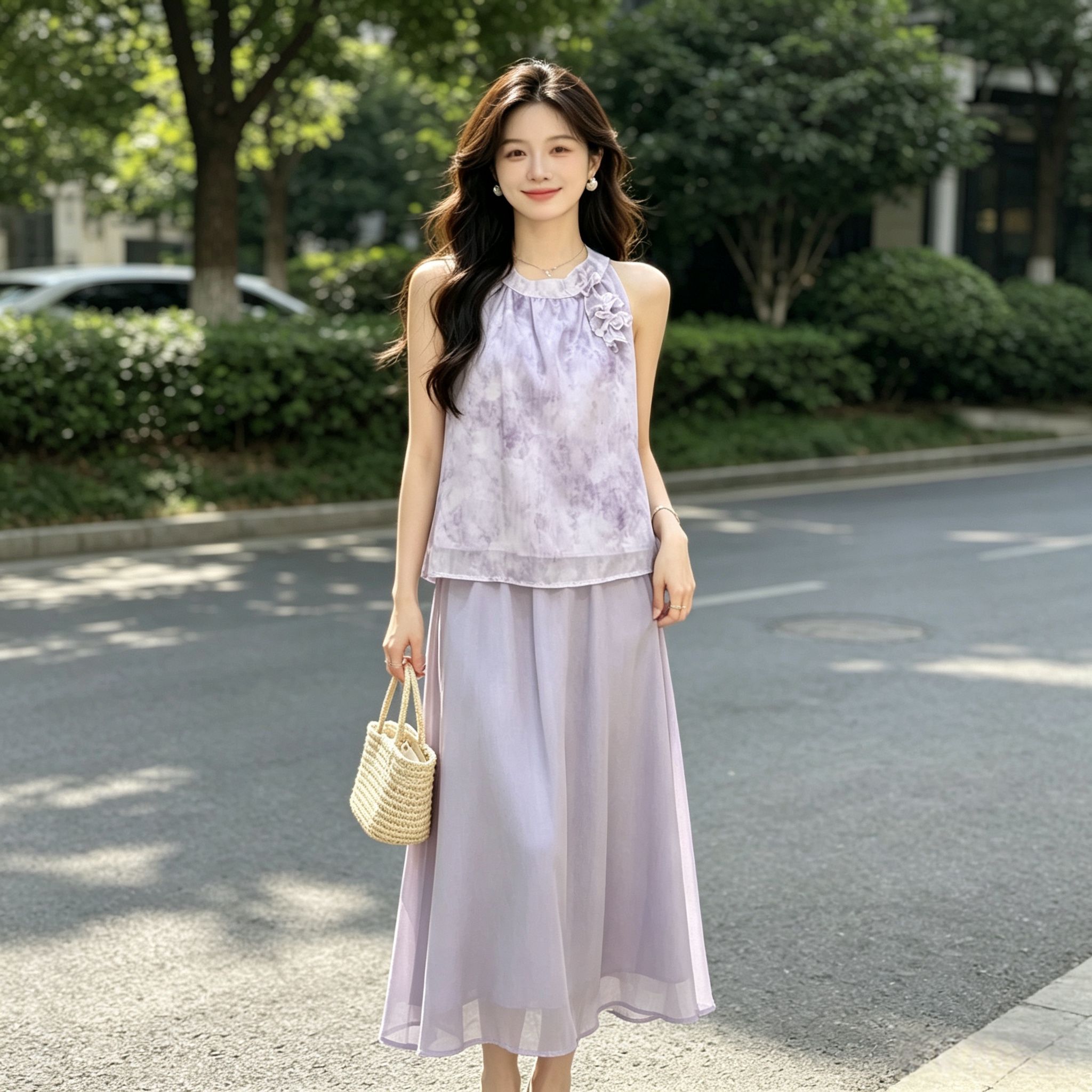 法式紫色印花气质名媛高级感小众设计感露肩收腰显瘦气质套裙