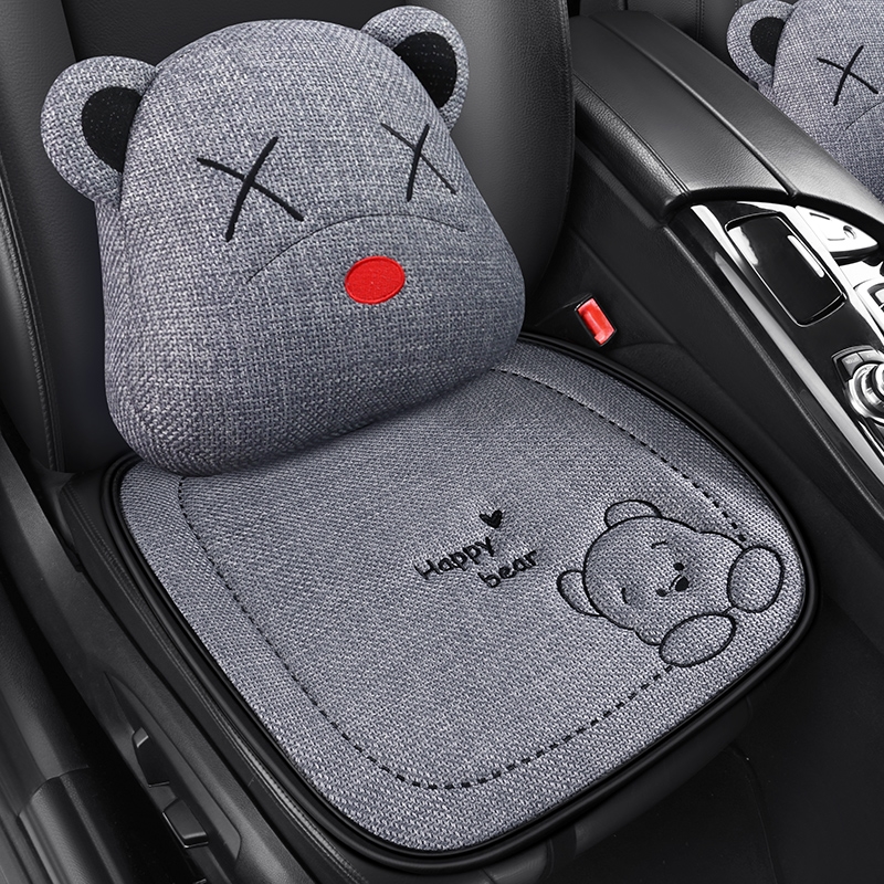 新款汽车坐垫四季通用亚麻防滑免绑卡通透气棉麻布艺女专用座椅套