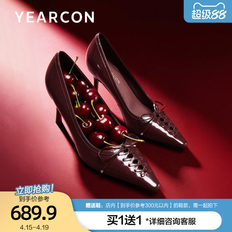 意尔康法式高级感单鞋女2026春季新款蝴蝶结细跟尖头高跟鞋酒红色