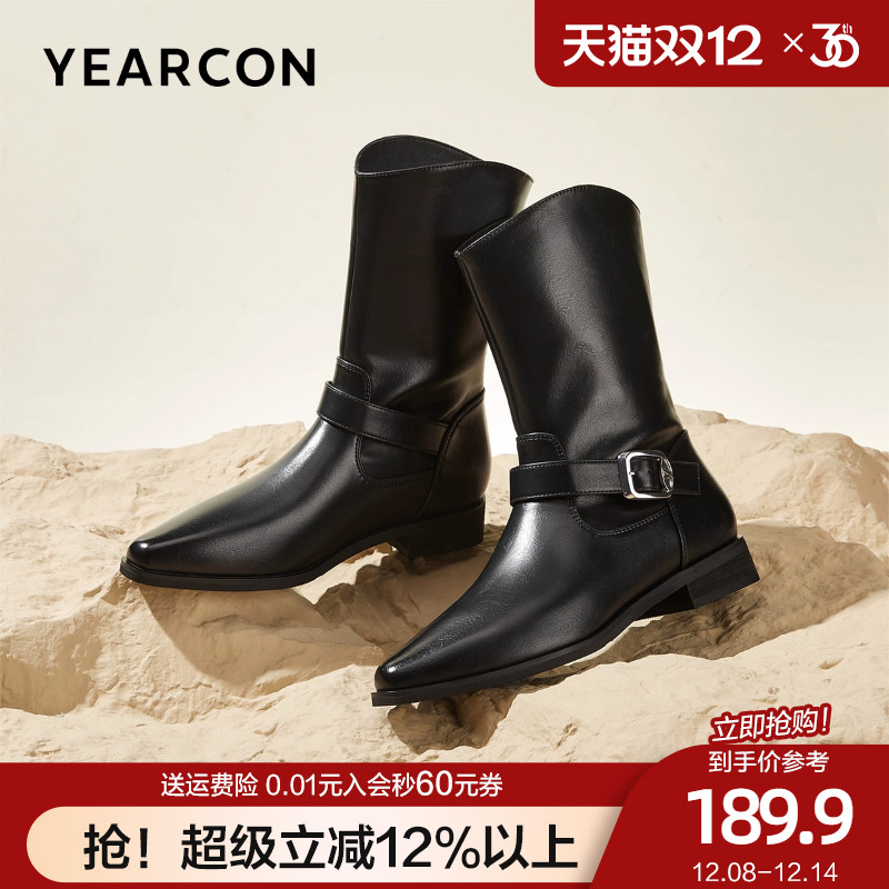 意尔康机车西部靴女2025秋冬新款美拉德复古金属锁扣长筒靴骑士靴