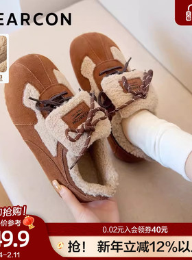 意尔康平底加绒德训鞋女2025冬新款毛毛鞋复古真皮保暖内增高棉鞋