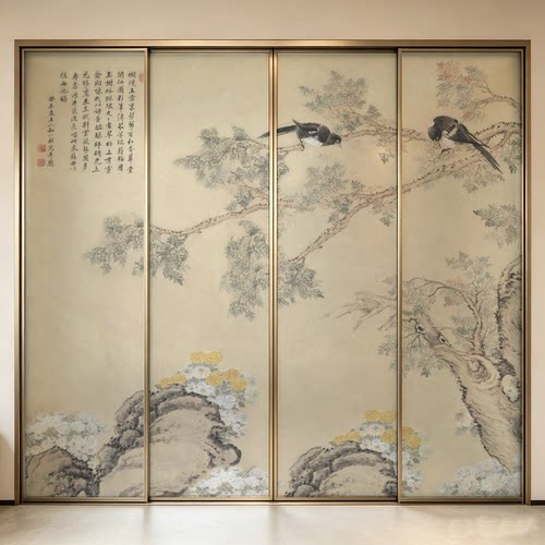 宋氏美学花鸟玻璃贴纸客厅复古静电磨砂装饰防窥贴膜透光不透明