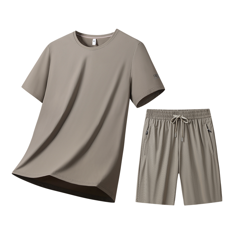 2026男士夏季新款真冰丝速干圆领短袖体恤短裤两件套休闲运动套装