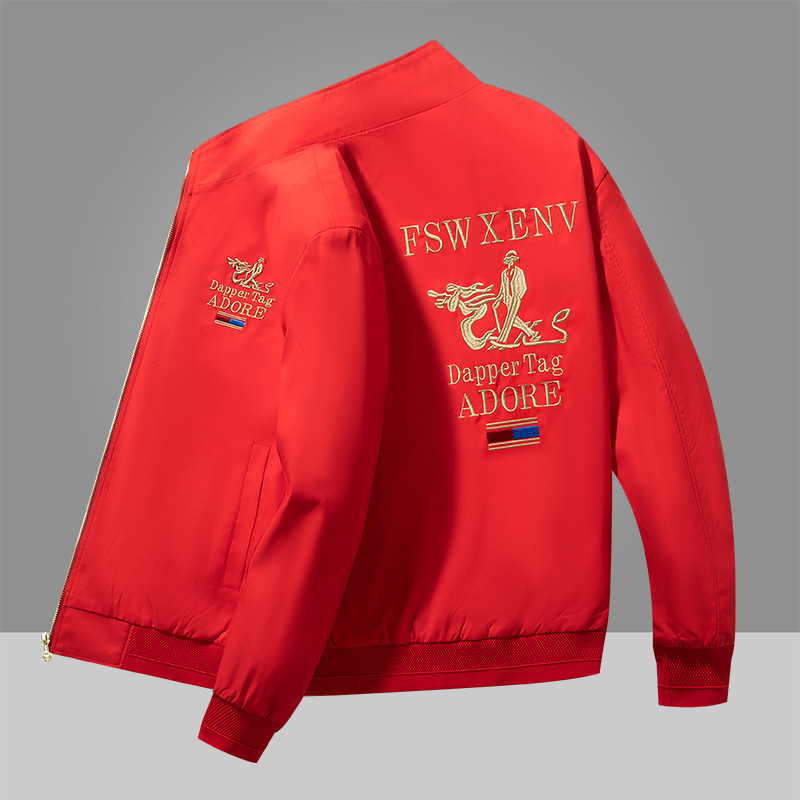 本命年红色男士秋冬加绒加厚外套龙刺绣高端轻奢立领休闲潮流夹克