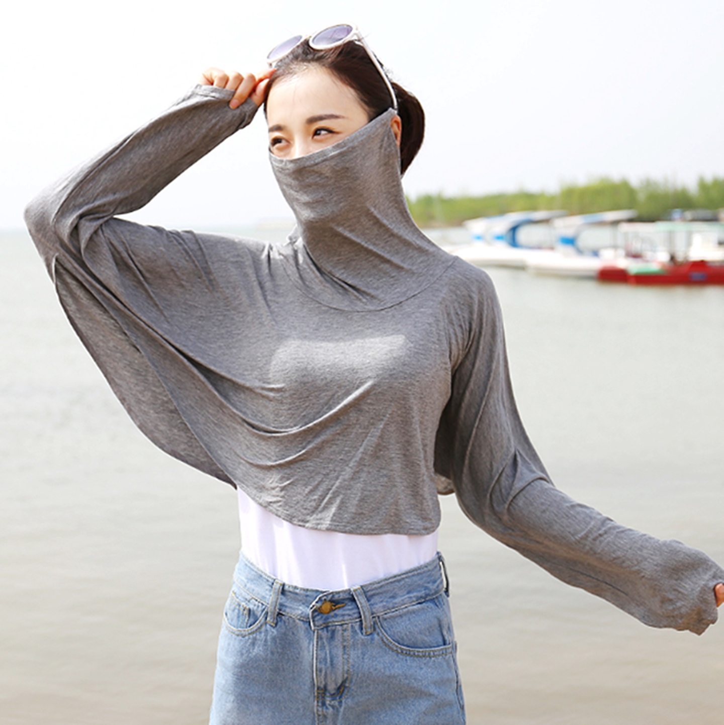 夏季开车骑车莫代尔纯棉防晒衣防紫外线披肩口罩一体遮阳长袖套女