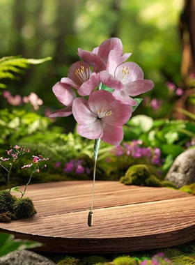 樱花海棠花粉色双花带发钗古风汉服盘发簪子蚕丝线