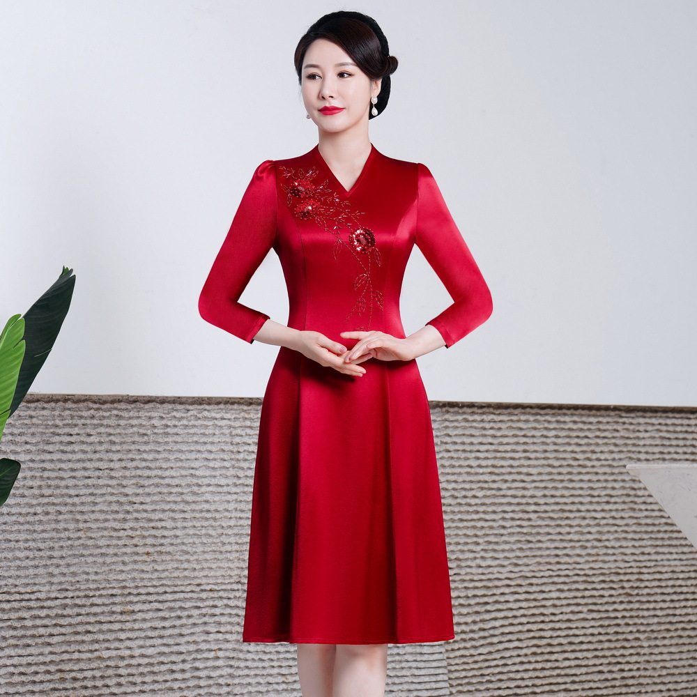 醋酸秋缎新款旗袍连衣裙婚礼妈妈装高贵喜婆婆服装婚宴